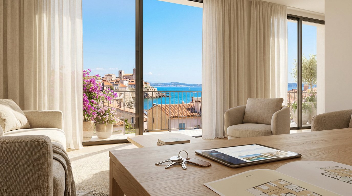Salon luxueux avec vue panoramique sur la mer et la vieille ville d'Antibes à travers une grande baie vitrée.
