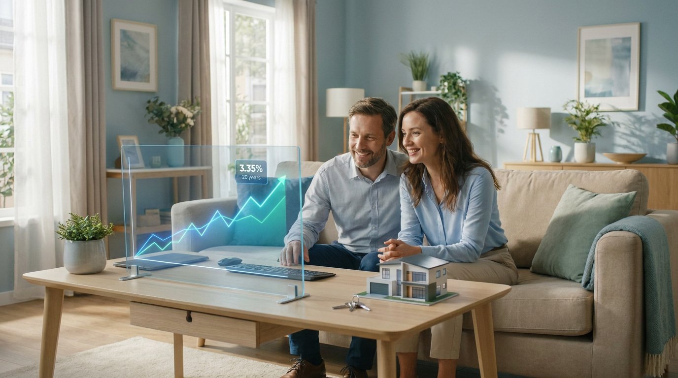 Un couple souriant regarde un graphique holographique affichant un taux de crédit de 3,35% sur 20 ans.