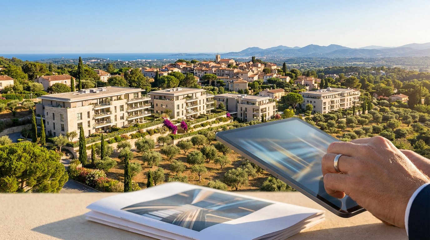 Vue sur Mougins avec une personne utilisant une tablette numérique pour estimer la valeur d'un bien immobilier.