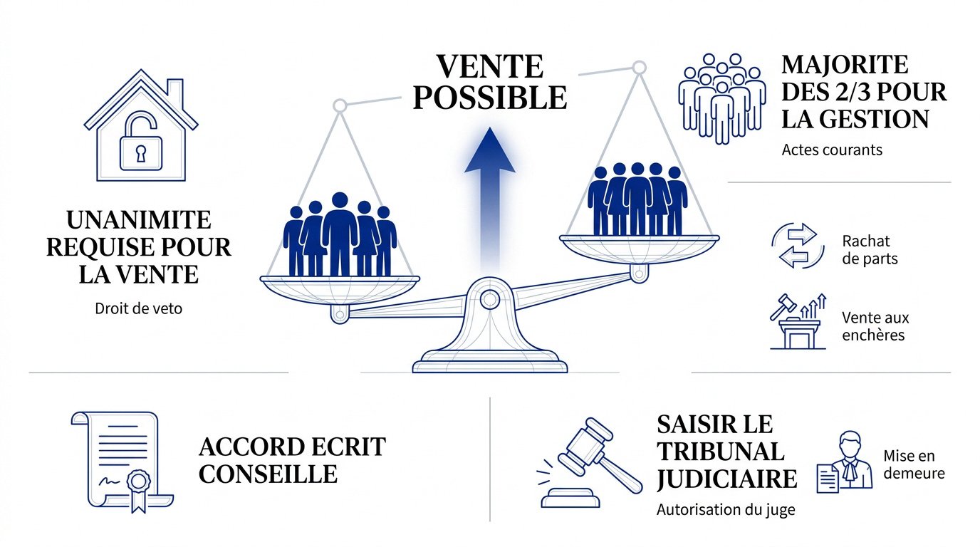 Héritiers discutant de la gestion d'un appartement en indivision successorale