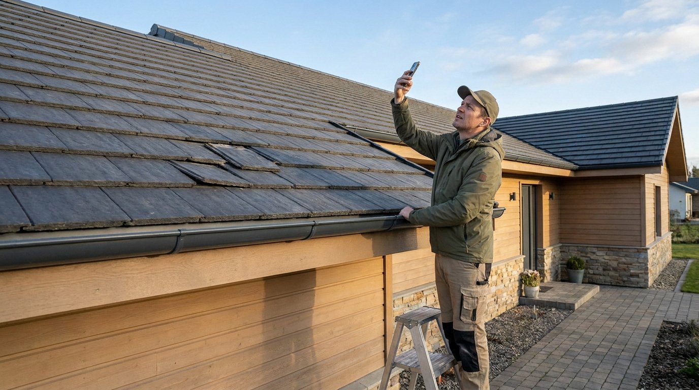 Un homme sur un escabeau photographie une tuile endommagée sur le toit d'une maison en bois avec son téléphone.