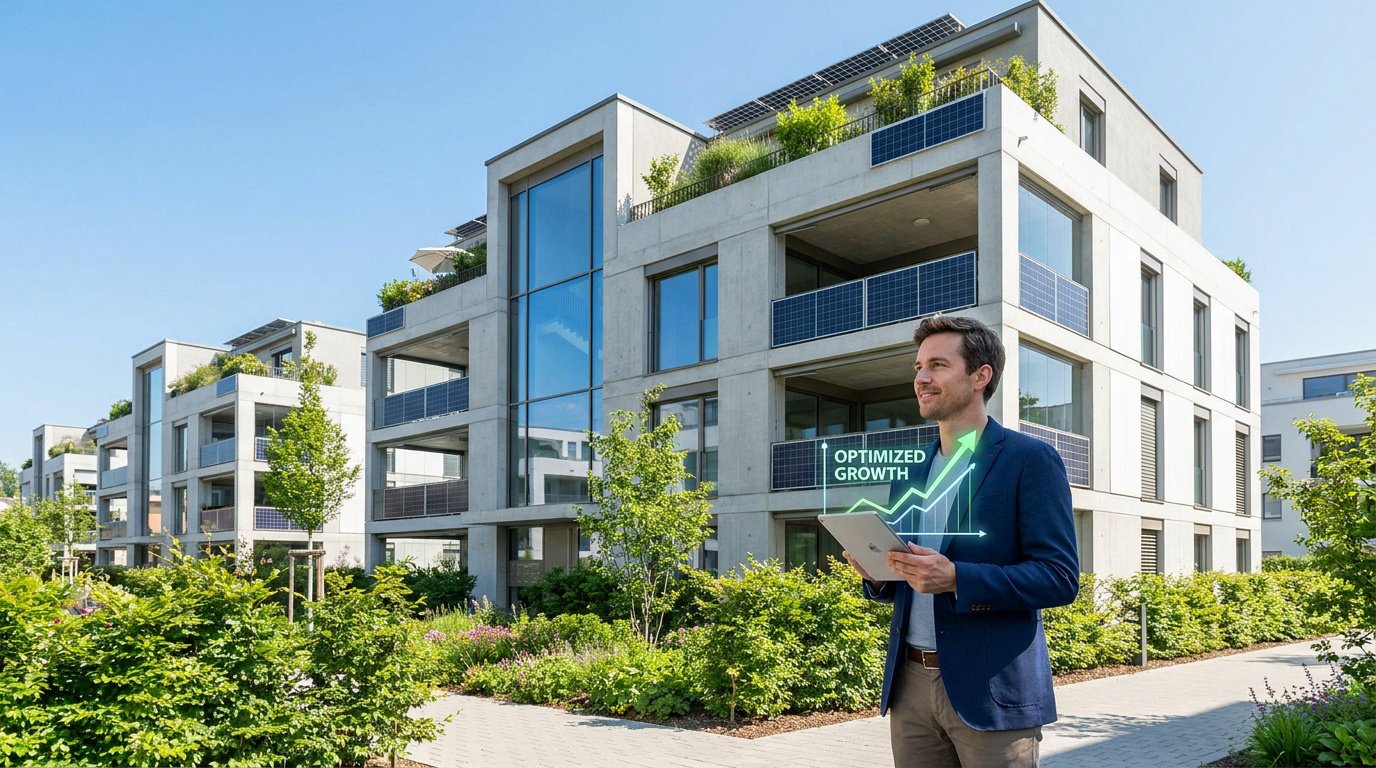 Un homme en costume tient une tablette devant un immeuble moderne équipé de panneaux solaires, avec un graphique de croissance.