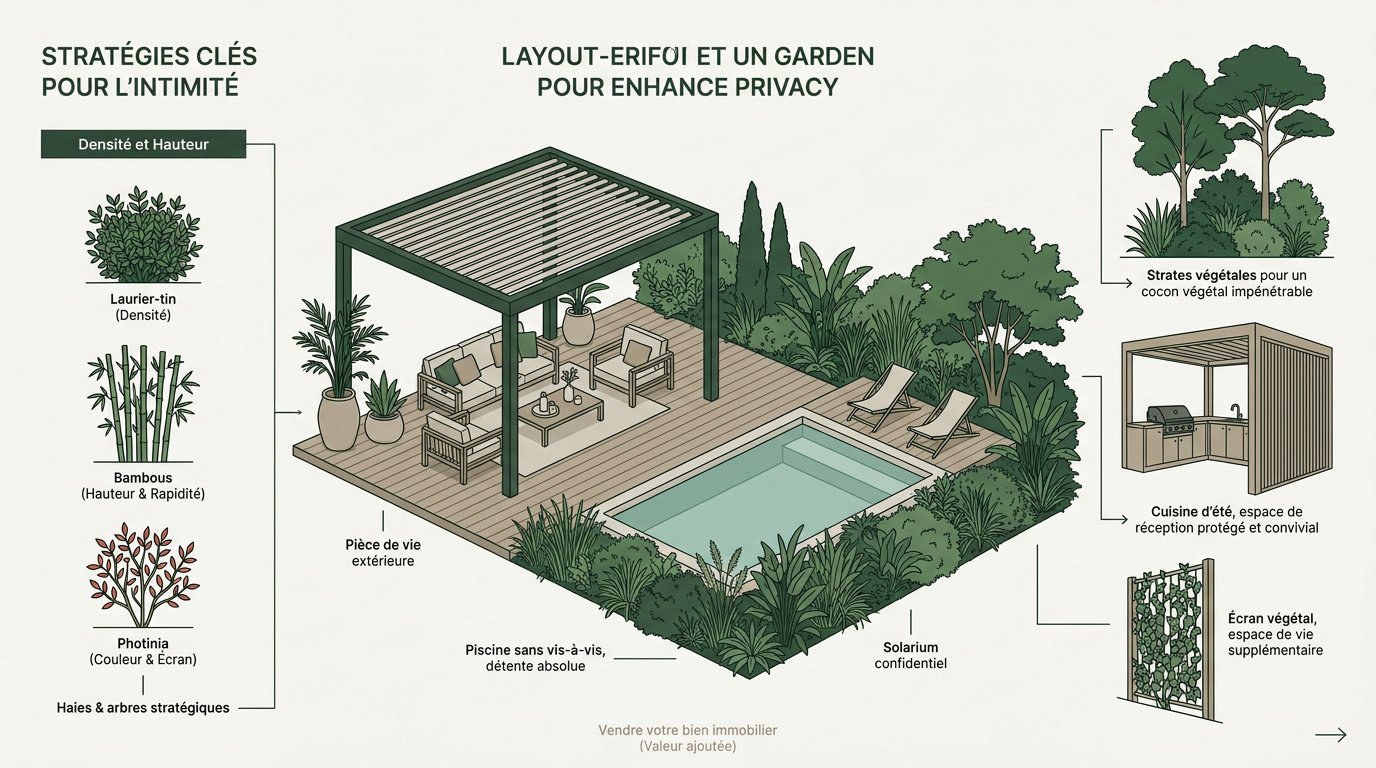 Aménagement d'un jardin paysager avec haies denses pour garantir l'intimité d'une maison sans vis-à-vis
