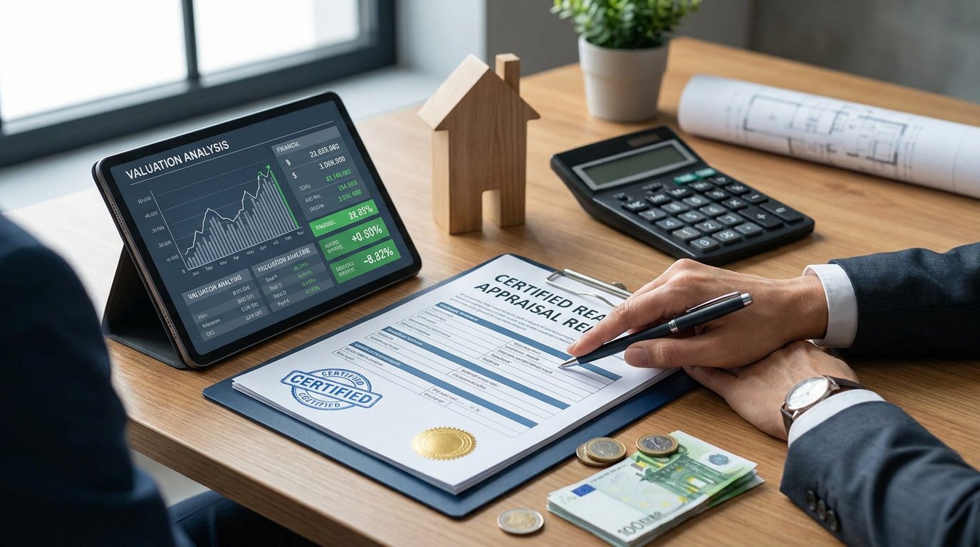 Un expert immobilier remplit un rapport d'évaluation avec une tablette affichant des données de marché sur un bureau.