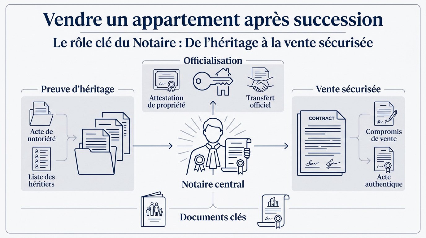 Notaire rédigeant les actes officiels pour la vente d'un appartement en succession