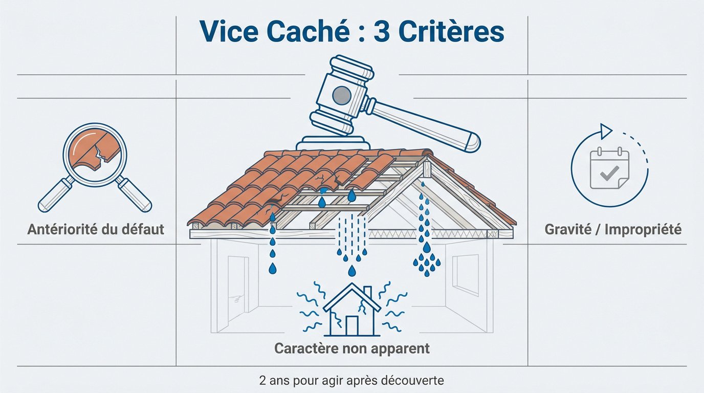 Infographie résumant les trois critères légaux et les délais de recours pour vice caché sur une toiture