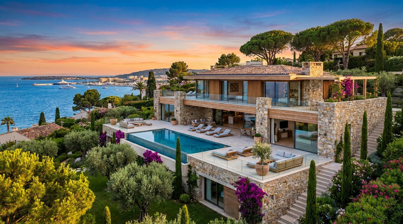 Une luxueuse villa moderne avec piscine et vue panoramique sur la baie de Cannes au coucher du soleil.