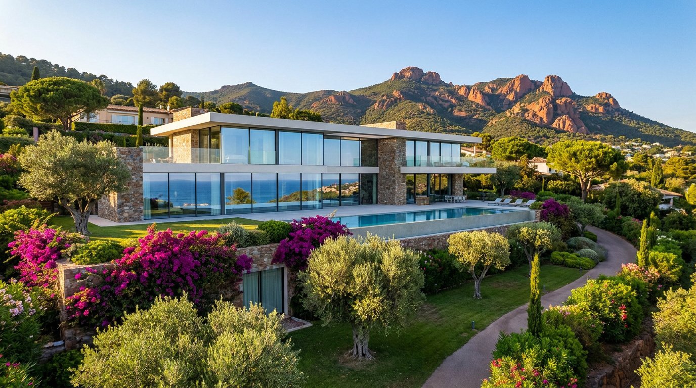 Villa moderne avec piscine et vue mer à Mandelieu-la-Napoule, entourée de montagnes rouges et d'un jardin luxuriant.