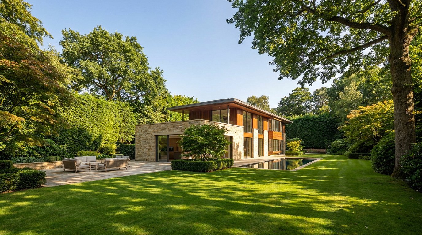 Maison moderne avec piscine et grand jardin privé entourée d'arbres luxuriants.