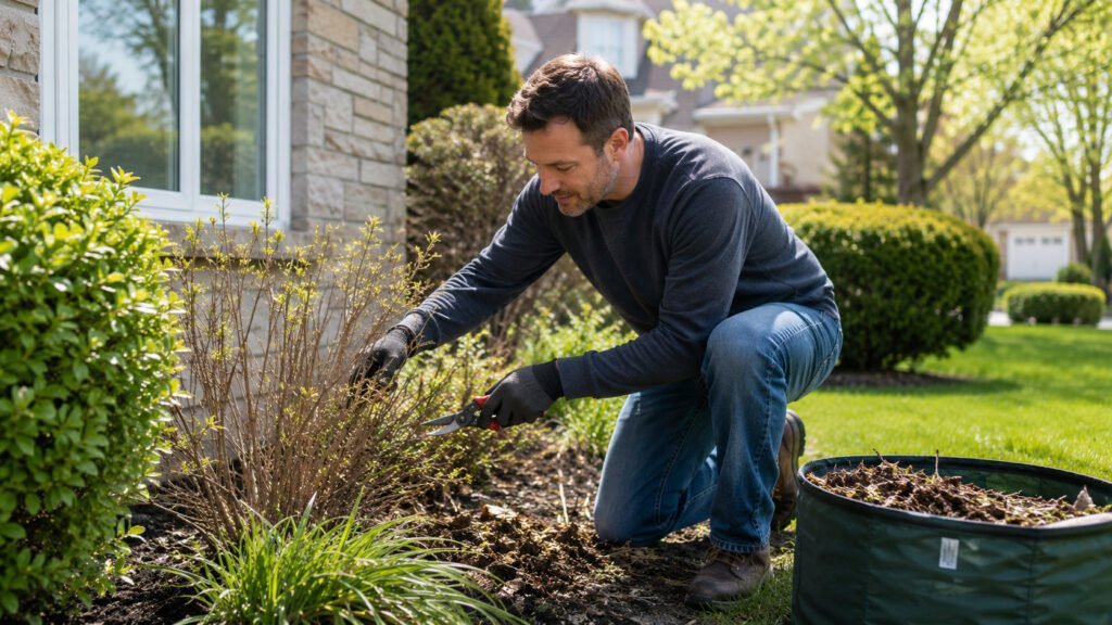Entretien jardin et plates-bandes extérieur maison au printemps