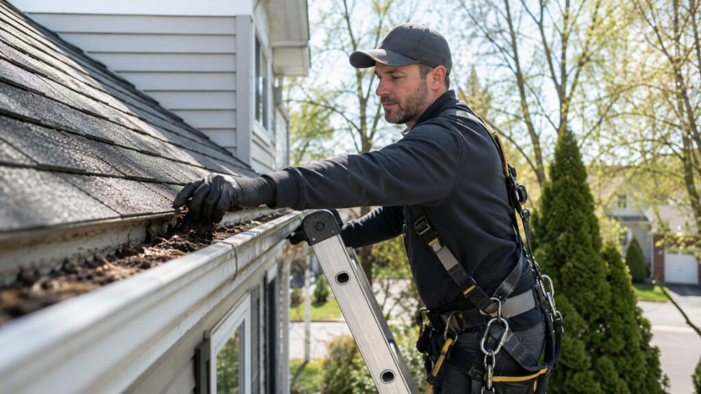 Technicien professionnel nettoyage gouttières en hauteur sur échelle