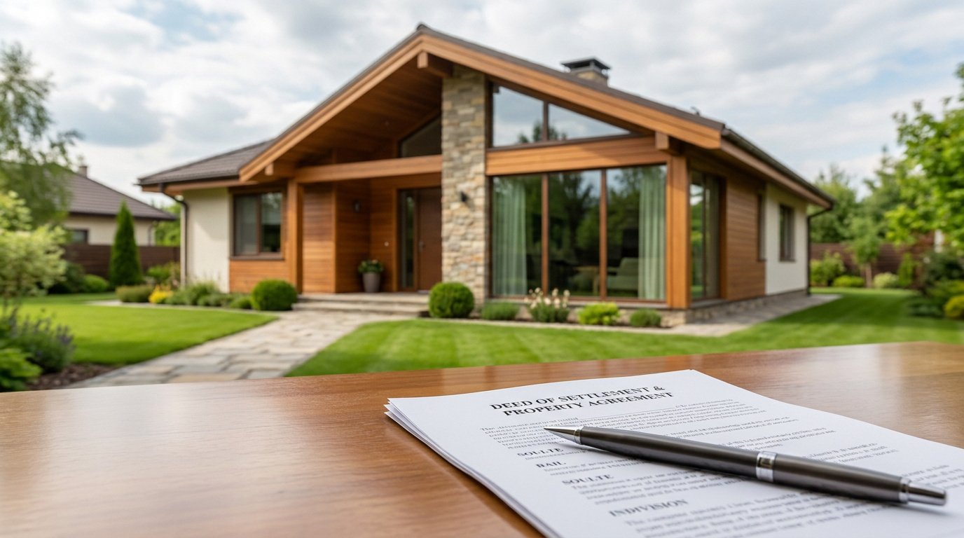 Un contrat de règlement immobilier posé sur une table avec en arrière-plan une belle maison moderne avec jardin.