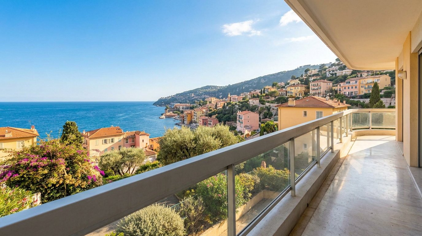 Vue panoramique depuis une terrasse à Villefranche-sur-Mer Vue mer imprenable depuis une terrasse moderne avec balustrade en verre surplombant la baie de Villefranche-sur-Mer.