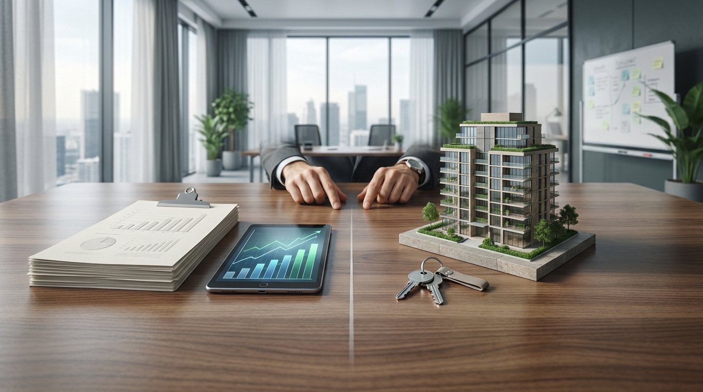 Bureau avec une séparation visuelle, d'un côté des graphiques financiers et de l'autre une maquette d'immeuble et des clés.