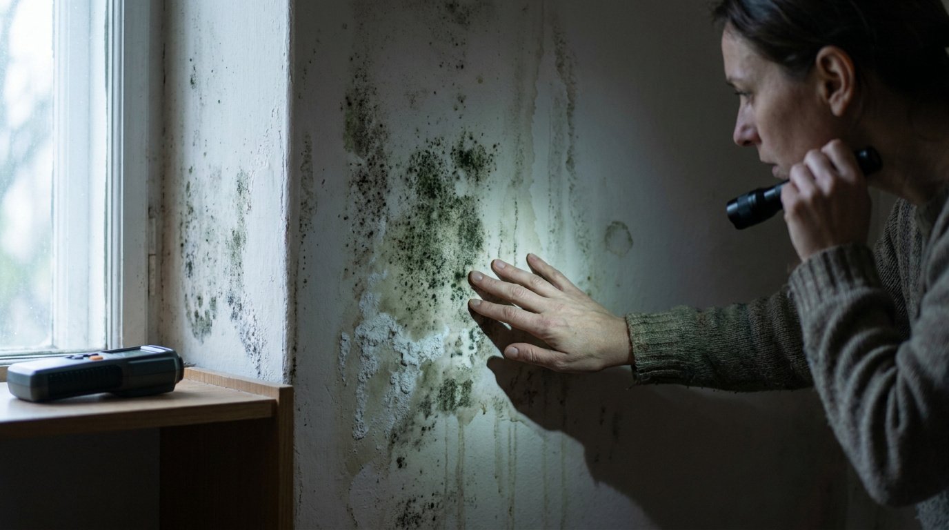 Une femme examine avec une lampe torche des moisissures sur un mur humide près d'une fenêtre.