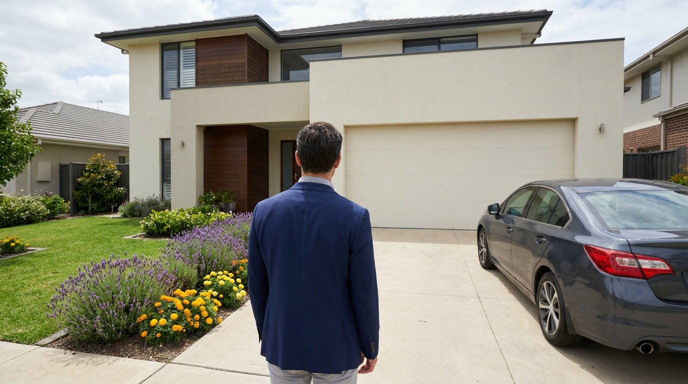 Impact d’un garage sur la valeur immobilière Un homme en costume de dos observant une maison moderne avec garage.