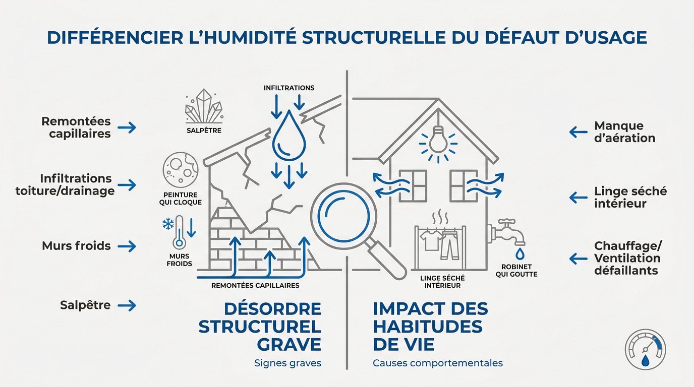 Comparaison entre humidité structurelle et humidité liée à l'usage dans une maison