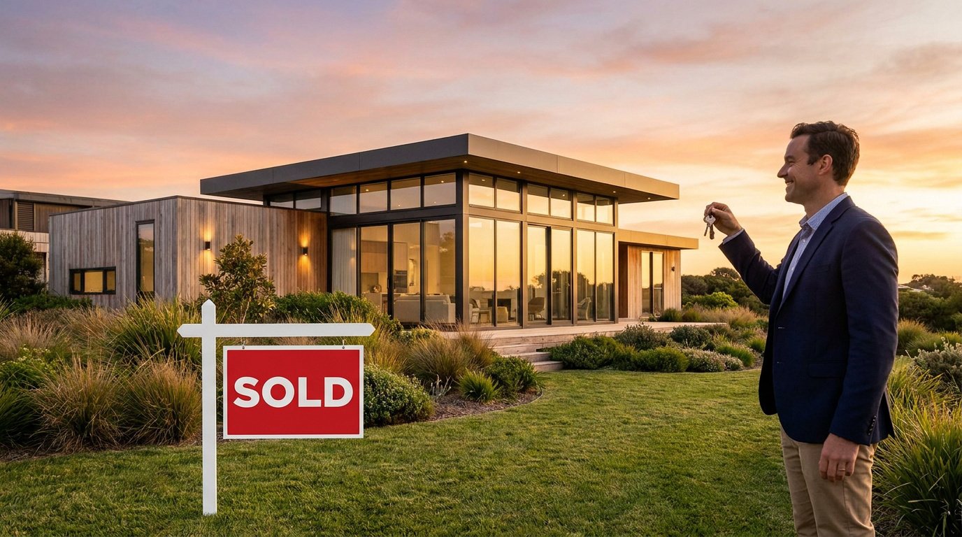 Un agent immobilier souriant tient des clés devant une maison moderne avec un panneau VENDU au coucher du soleil.