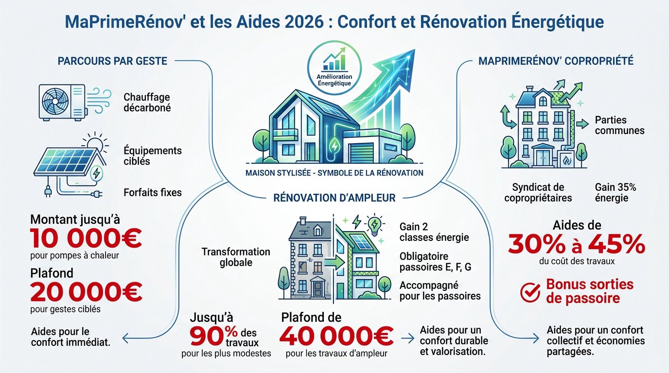 Infographie explicative sur les aides MaPrimeRénov' et la rénovation énergétique en 2026