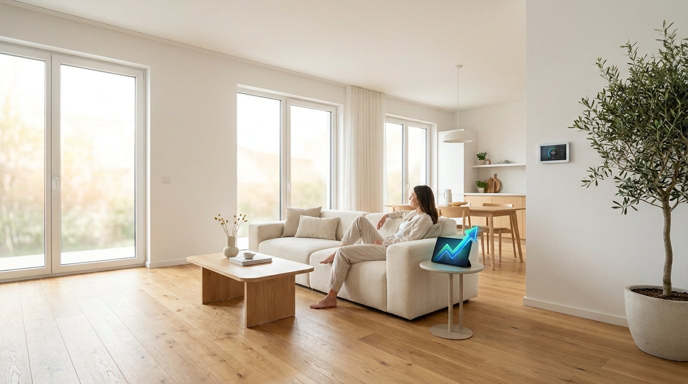 Femme détendue dans un salon lumineux avec un thermostat connecté et une tablette montrant une flèche de croissance.