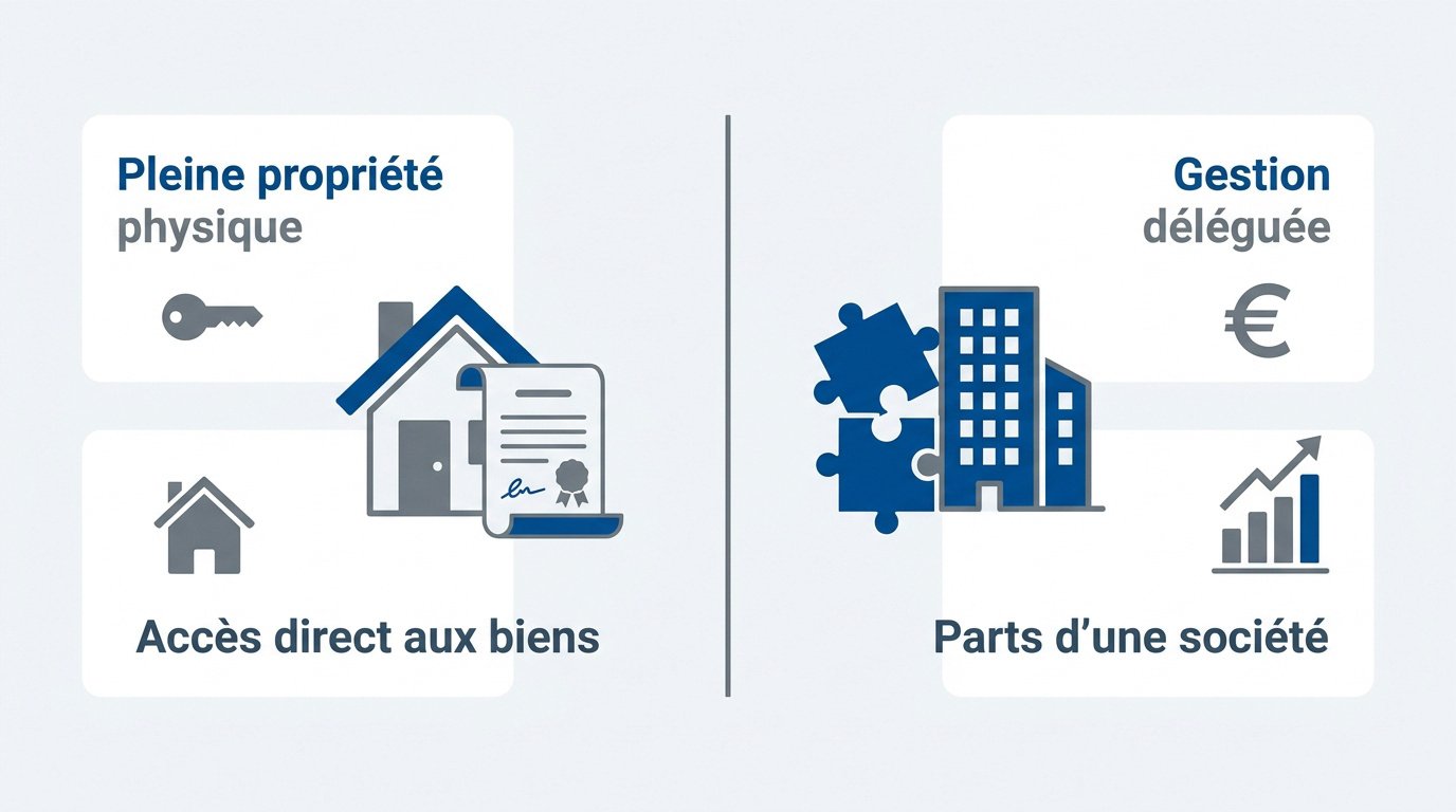 Comparaison visuelle entre l'investissement en immobilier direct et les parts de SCPI