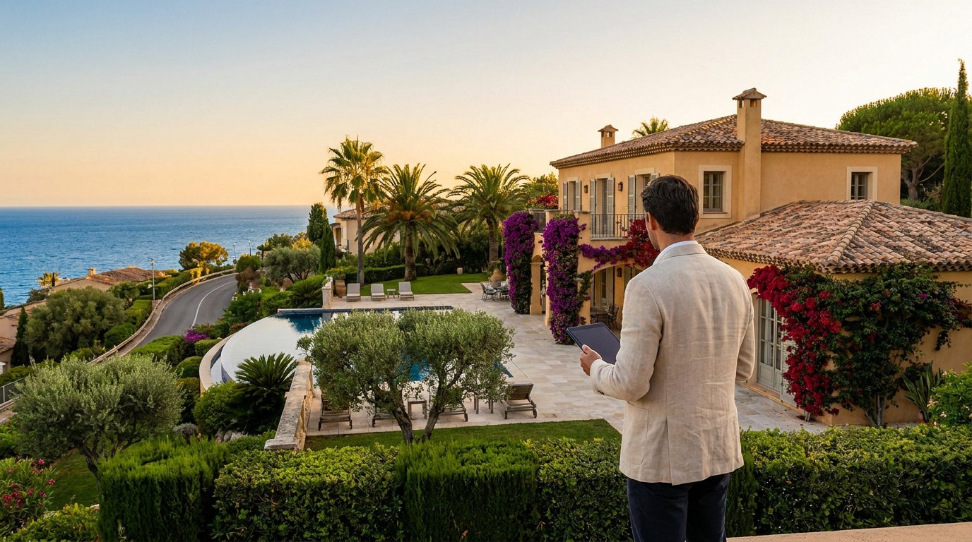 Un agent immobilier avec une tablette face à une villa luxueuse avec piscine vue mer à Cagnes-sur-Mer au coucher du soleil.