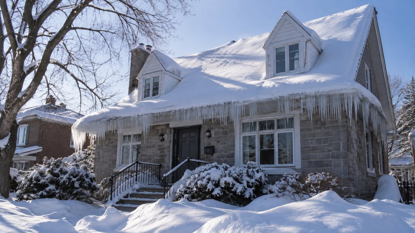 Maison enneigée aux longues stalactites